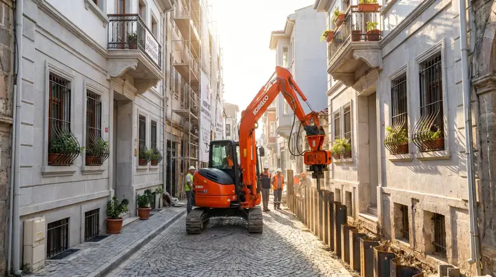Bursa Palplanş: dar sokakta kontrollü kazı çalışması